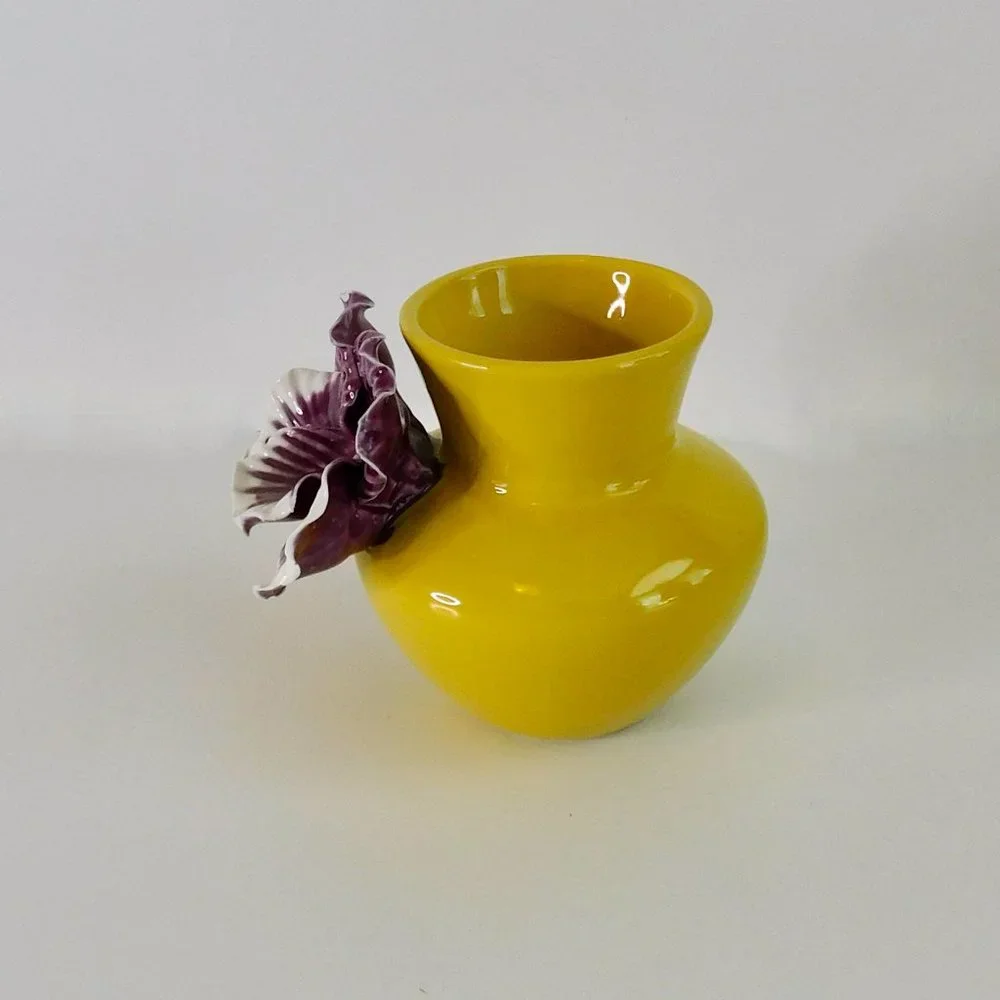 Anthropologie Yellow Ceramic Bud Vase with Purple & White Floral Accent